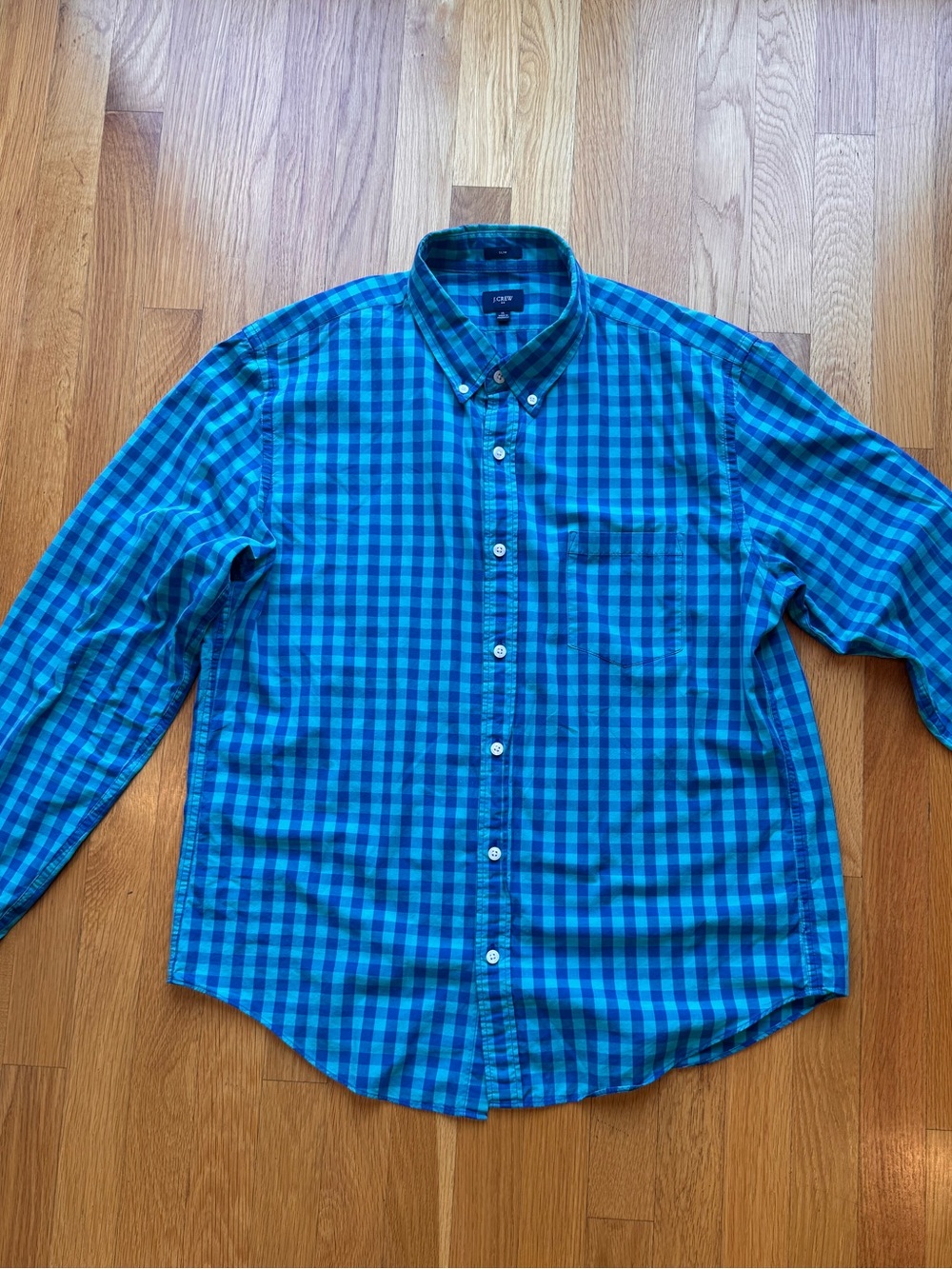 J. Crew Men’s Teal and Navy Gingham Button-Down Shirt